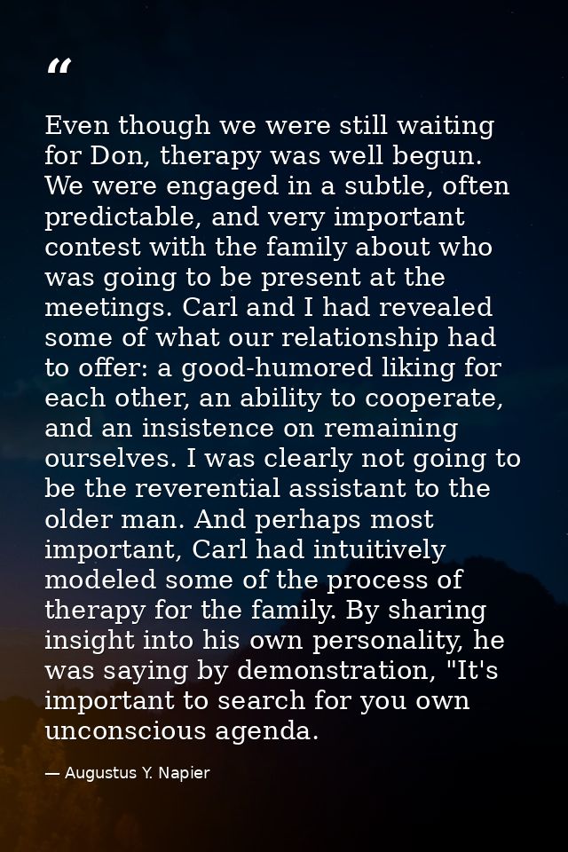 Even though we were still waiting for Don, therapy was well begun. We were engaged in a subtle, often predictable, and v — Augustus Y. Napier