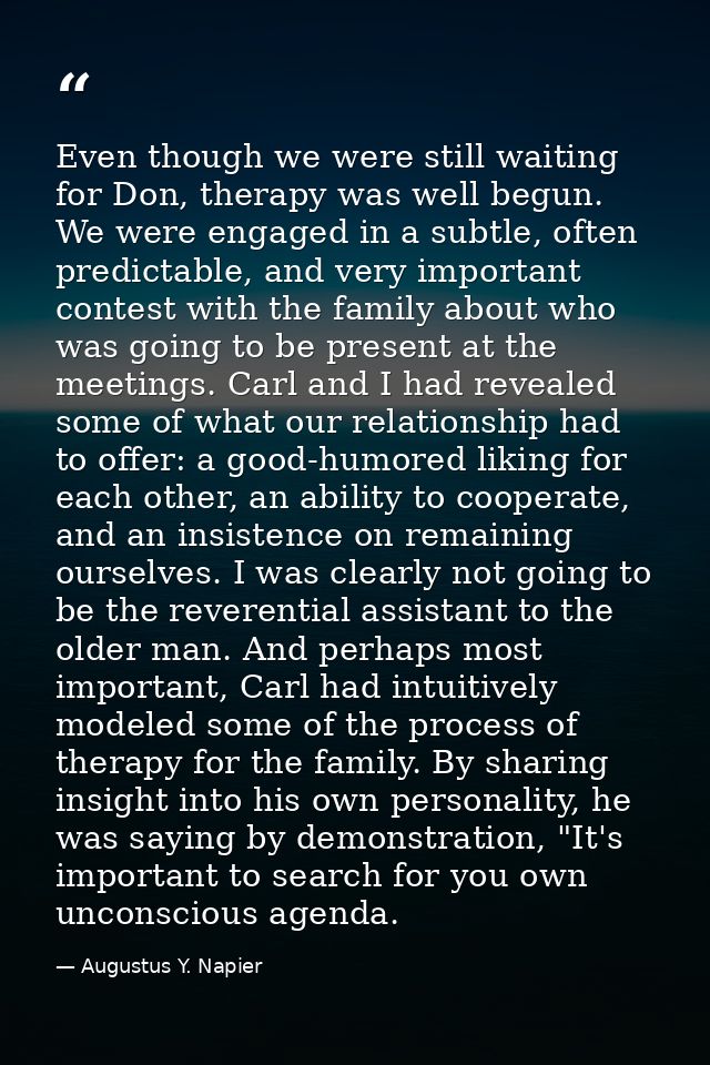 Even though we were still waiting for Don, therapy was well begun. We were engaged in a subtle, often predictable, and v — Augustus Y. Napier