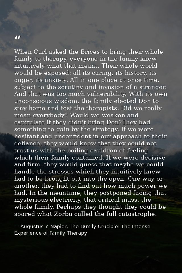When Carl asked the Brices to bring their whole family to therapy, everyone in the family knew intuitively what that mea — Augustus Y. Napier, The Family Crucible: The Intense Experience of Family Therapy