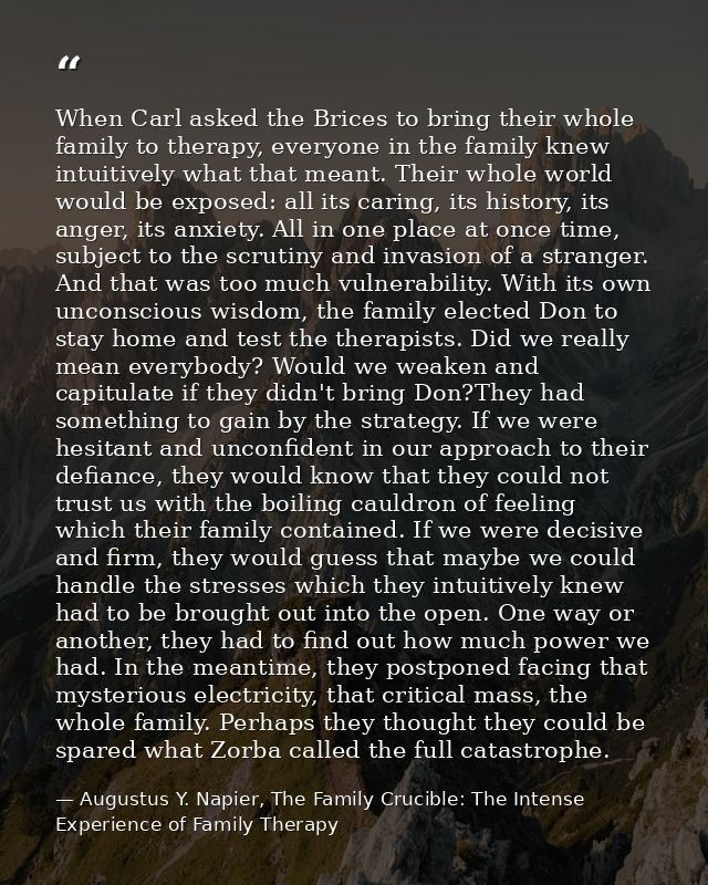 When Carl asked the Brices to bring their whole family to therapy, everyone in the family knew intuitively what that mea — Augustus Y. Napier, The Family Crucible: The Intense Experience of Family Therapy