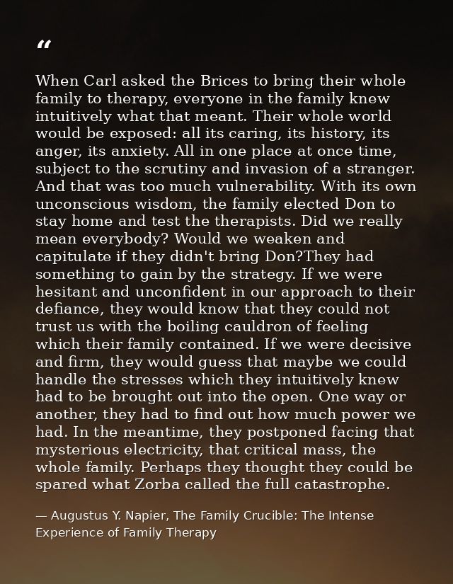 When Carl asked the Brices to bring their whole family to therapy, everyone in the family knew intuitively what that mea — Augustus Y. Napier, The Family Crucible: The Intense Experience of Family Therapy