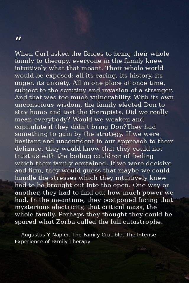 When Carl asked the Brices to bring their whole family to therapy, everyone in the family knew intuitively what that mea — Augustus Y. Napier, The Family Crucible: The Intense Experience of Family Therapy