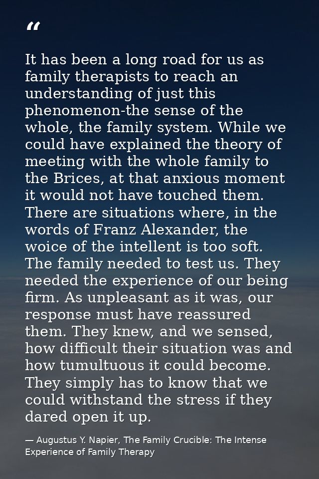 It has been a long road for us as family therapists to reach an understanding of just this phenomenon-the sense of the w — Augustus Y. Napier, The Family Crucible: The Intense Experience of Family Therapy