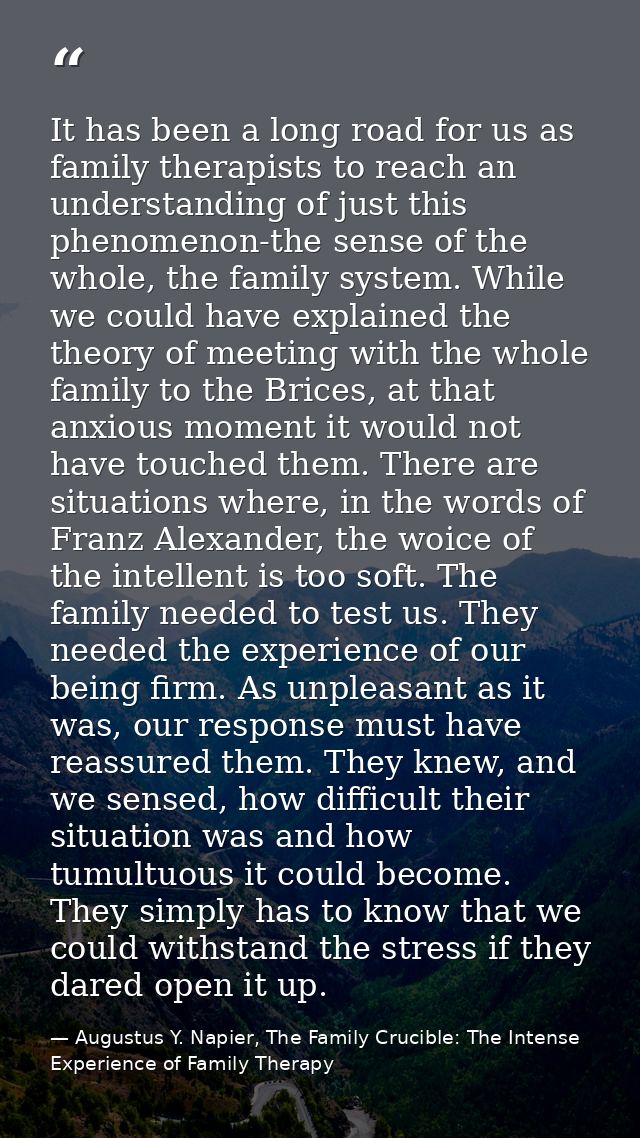 It has been a long road for us as family therapists to reach an understanding of just this phenomenon-the sense of the w — Augustus Y. Napier, The Family Crucible: The Intense Experience of Family Therapy