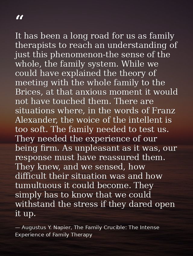It has been a long road for us as family therapists to reach an understanding of just this phenomenon-the sense of the w — Augustus Y. Napier, The Family Crucible: The Intense Experience of Family Therapy