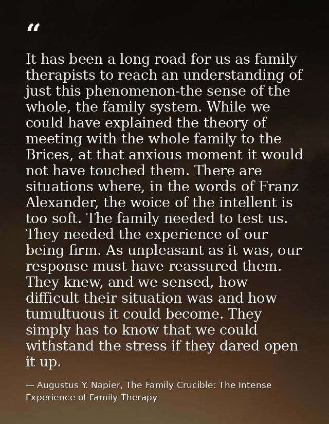 It has been a long road for us as family therapists to reach an understanding of just this phenomenon-the sense of the w — Augustus Y. Napier, The Family Crucible: The Intense Experience of Family Therapy