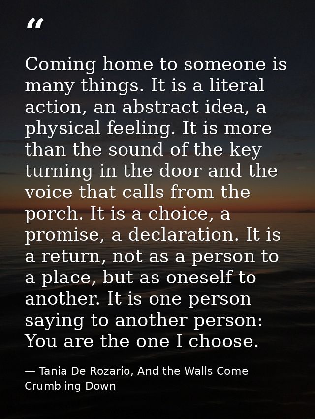Coming home to someone is many things. It is a literal action, an abstract idea, a physical feeling. It is more than the — Tania De Rozario, And the Walls Come Crumbling Down