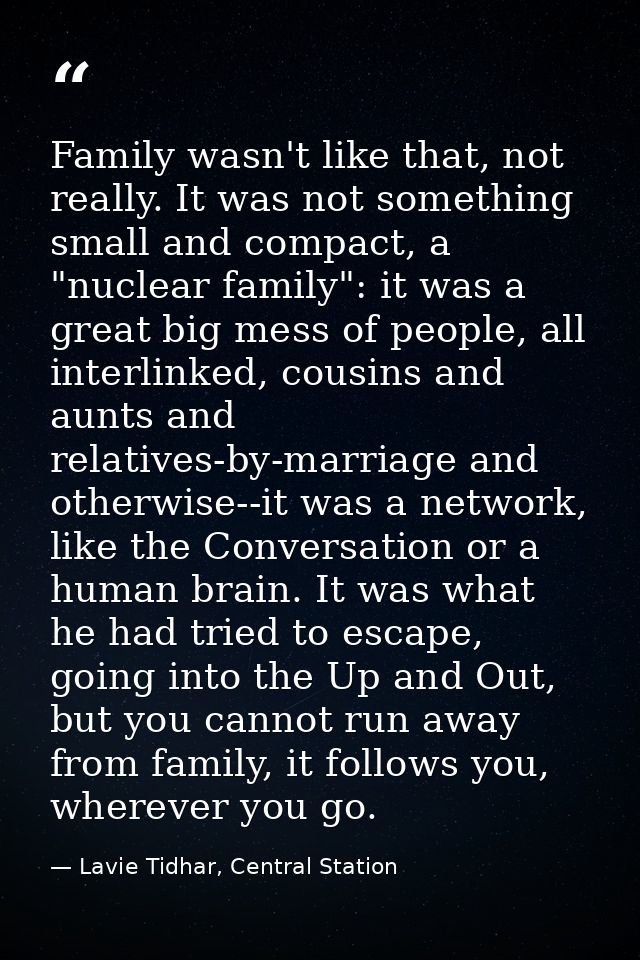 Family wasn't like that, not really. It was not something small and compact, a "nuclear family": it was a great big mess — Lavie Tidhar, Central Station