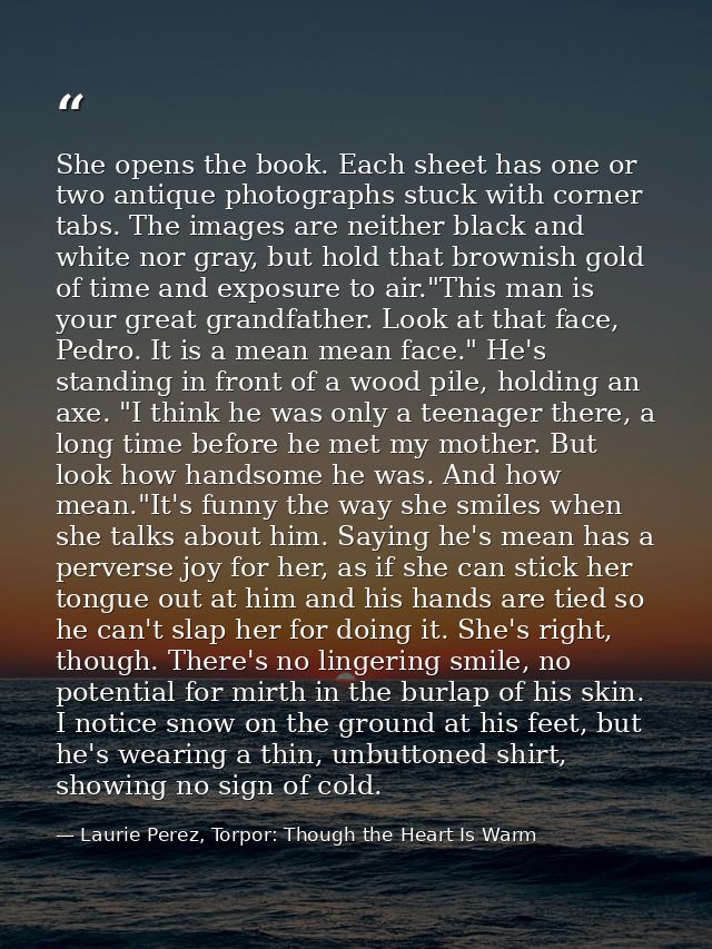 She opens the book. Each sheet has one or two antique photographs stuck with corner tabs. The images are neither black a — Laurie Perez, Torpor: Though the Heart Is Warm