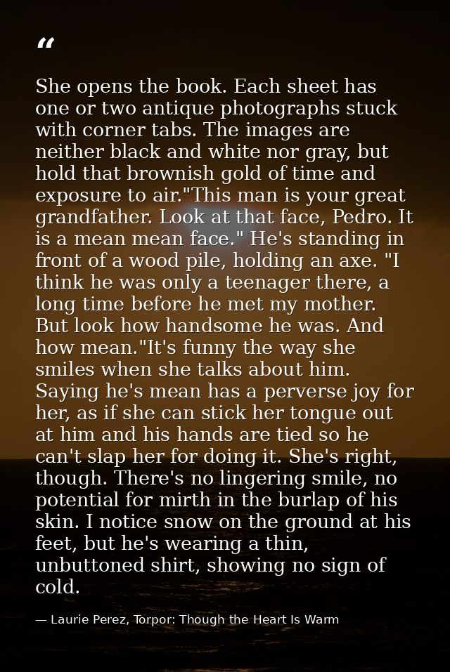 She opens the book. Each sheet has one or two antique photographs stuck with corner tabs. The images are neither black a — Laurie Perez, Torpor: Though the Heart Is Warm