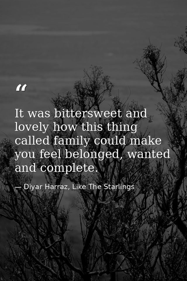 It was bittersweet and lovely how this thing called family could make you feel belonged, wanted and complete. — Diyar Harraz, Like The Starlings