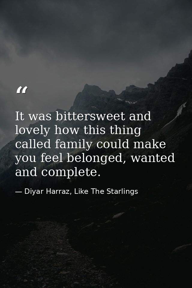 It was bittersweet and lovely how this thing called family could make you feel belonged, wanted and complete. — Diyar Harraz, Like The Starlings