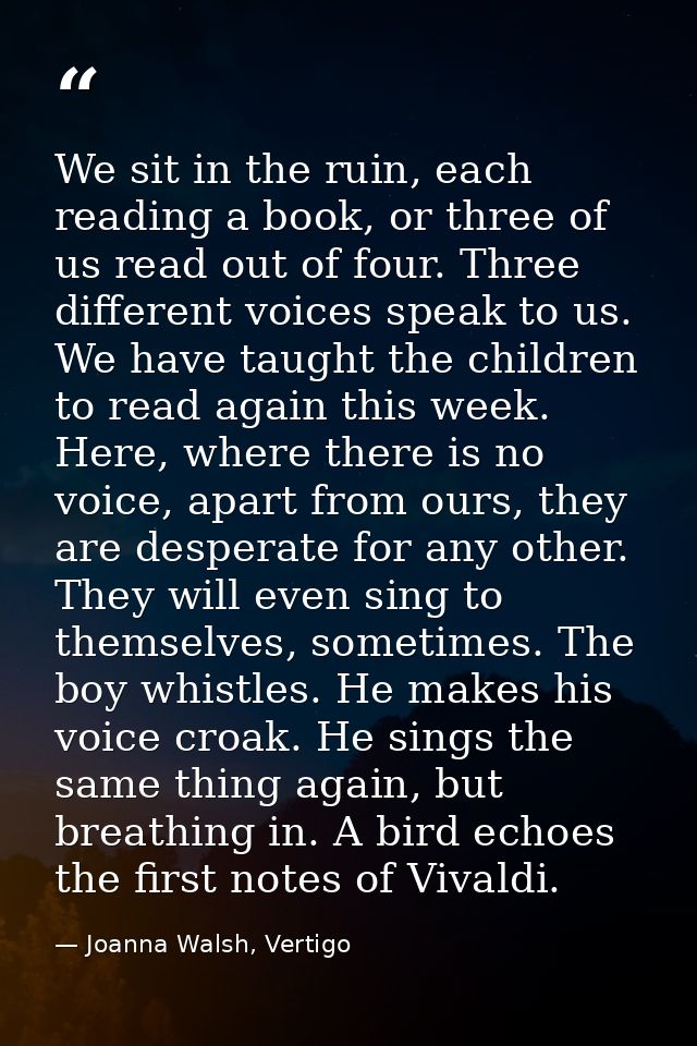 We sit in the ruin, each reading a book, or three of us read out of four. Three different voices speak to us. We have ta — Joanna Walsh, Vertigo