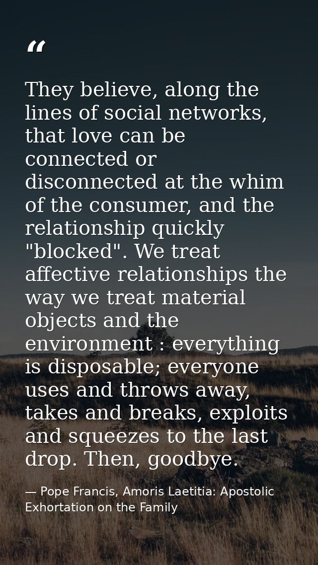 They believe, along the lines of social networks, that love can be connected or disconnected at the whim of the consumer — Pope Francis, Amoris Laetitia: Apostolic Exhortation on the Family