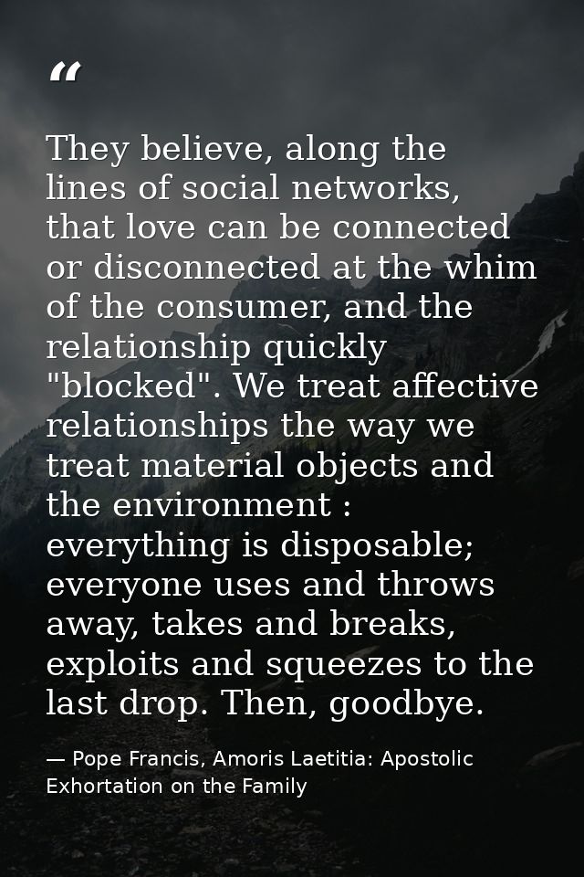 They believe, along the lines of social networks, that love can be connected or disconnected at the whim of the consumer — Pope Francis, Amoris Laetitia: Apostolic Exhortation on the Family