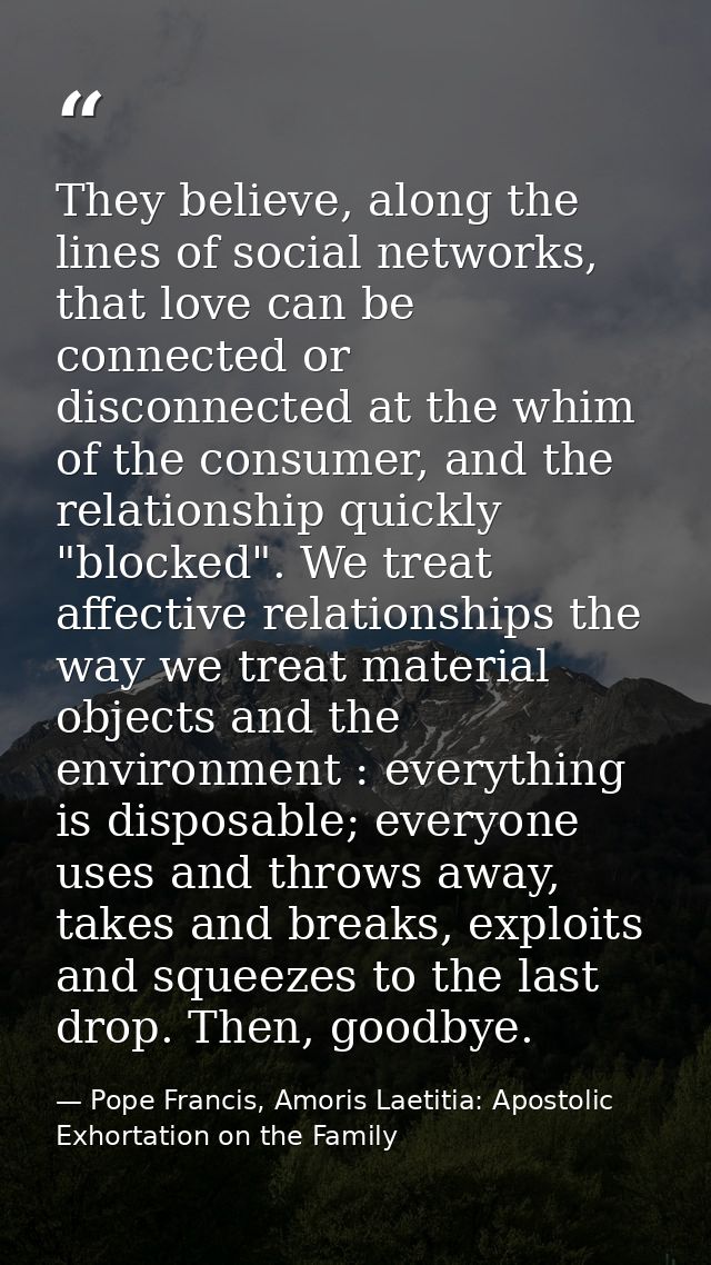 They believe, along the lines of social networks, that love can be connected or disconnected at the whim of the consumer — Pope Francis, Amoris Laetitia: Apostolic Exhortation on the Family