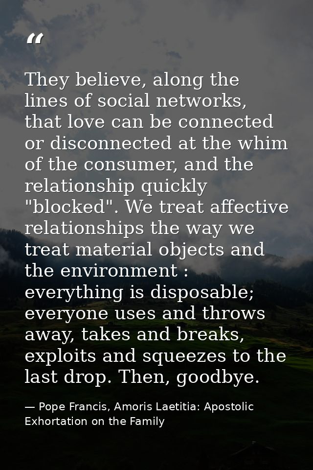 They believe, along the lines of social networks, that love can be connected or disconnected at the whim of the consumer — Pope Francis, Amoris Laetitia: Apostolic Exhortation on the Family