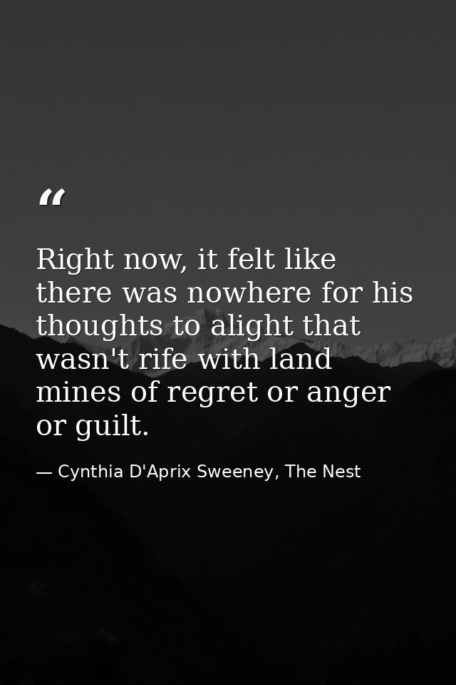 Right now, it felt like there was nowhere for his thoughts to alight that wasn't rife with land mines of regret or anger — Cynthia D'Aprix Sweeney, The Nest