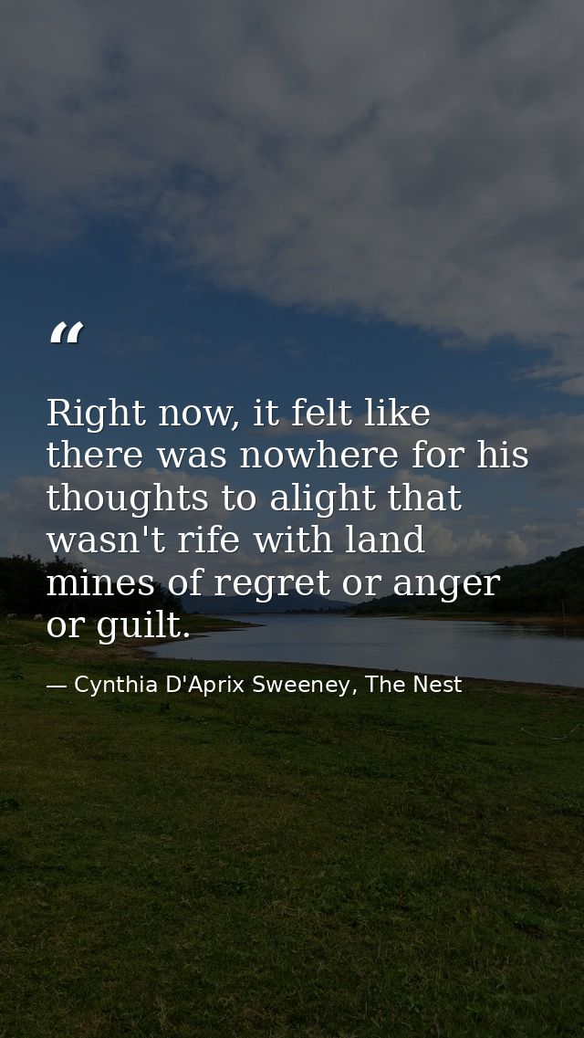 Right now, it felt like there was nowhere for his thoughts to alight that wasn't rife with land mines of regret or anger — Cynthia D'Aprix Sweeney, The Nest
