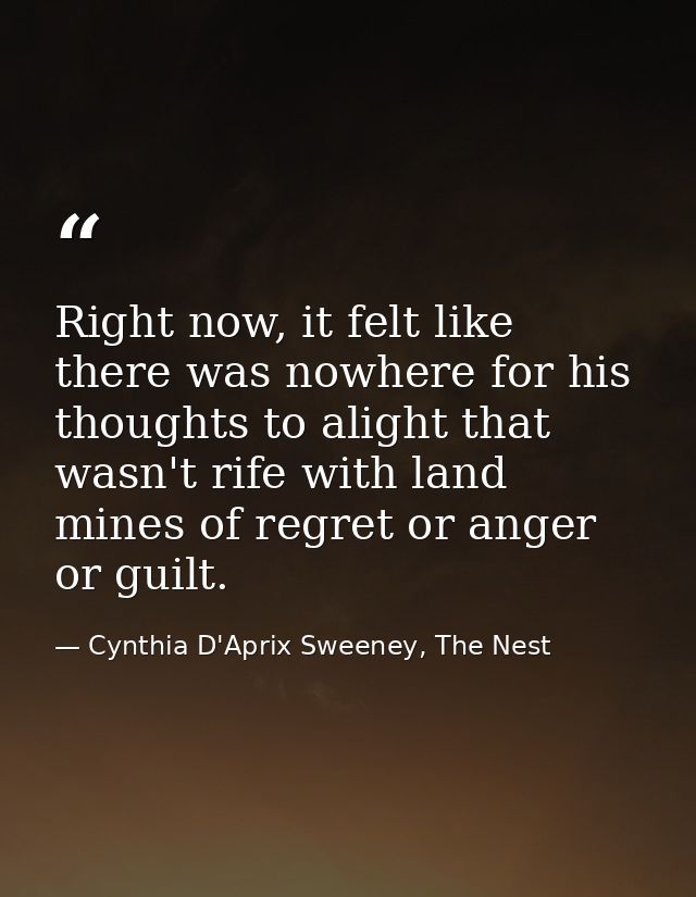 Right now, it felt like there was nowhere for his thoughts to alight that wasn't rife with land mines of regret or anger — Cynthia D'Aprix Sweeney, The Nest