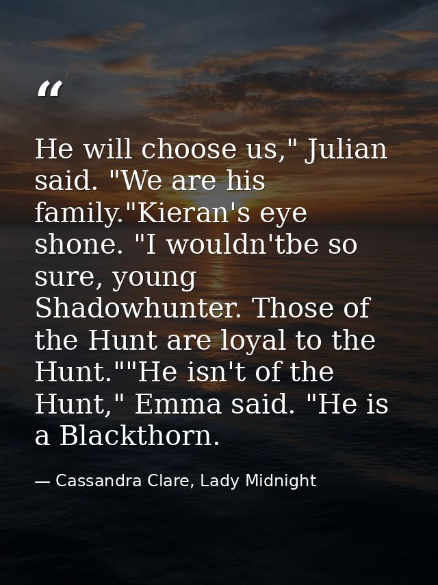 He will choose us," Julian said. "We are his family."Kieran's eye shone. "I wouldn'tbe so sure, young Shadowhunter. Thos — Cassandra Clare, Lady Midnight