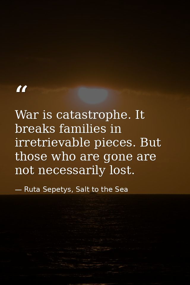 War is catastrophe. It breaks families in irretrievable pieces. But those who are gone are not necessarily lost. — Ruta Sepetys, Salt to the Sea