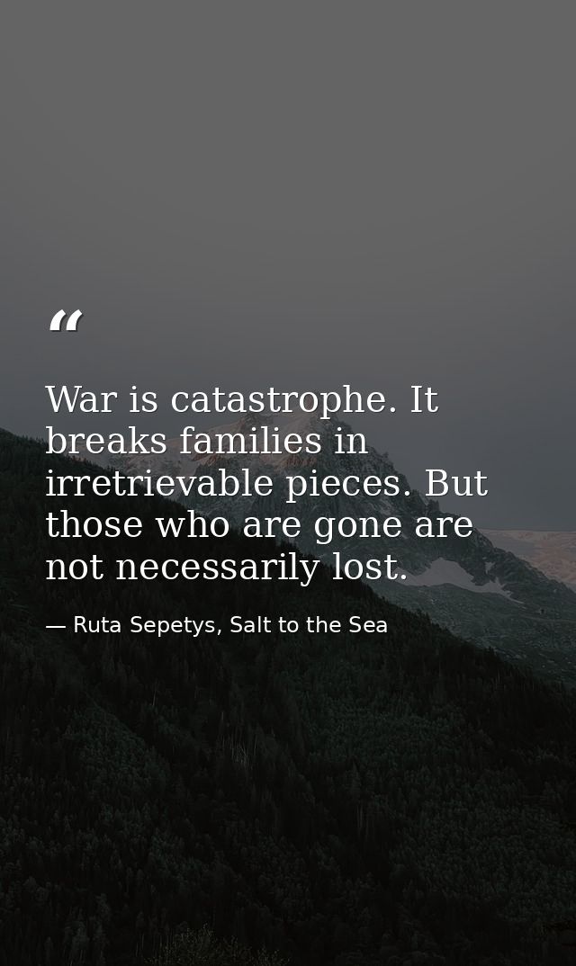 War is catastrophe. It breaks families in irretrievable pieces. But those who are gone are not necessarily lost. — Ruta Sepetys, Salt to the Sea