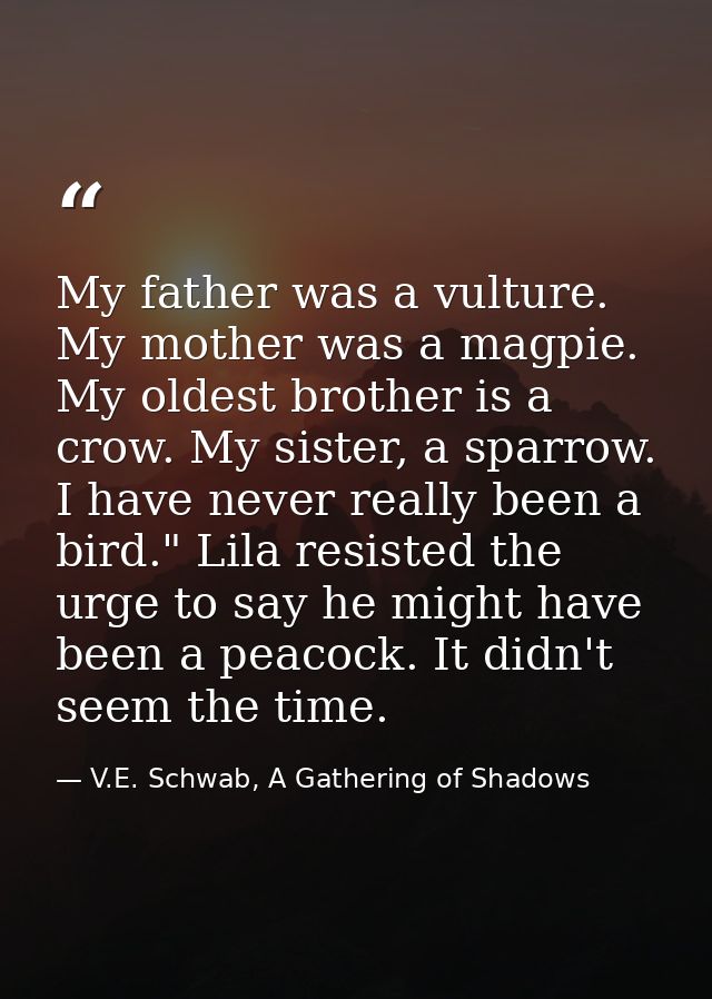 My father was a vulture. My mother was a magpie. My oldest brother is a crow. My sister, a sparrow. I have never really  — V.E. Schwab, A Gathering of Shadows
