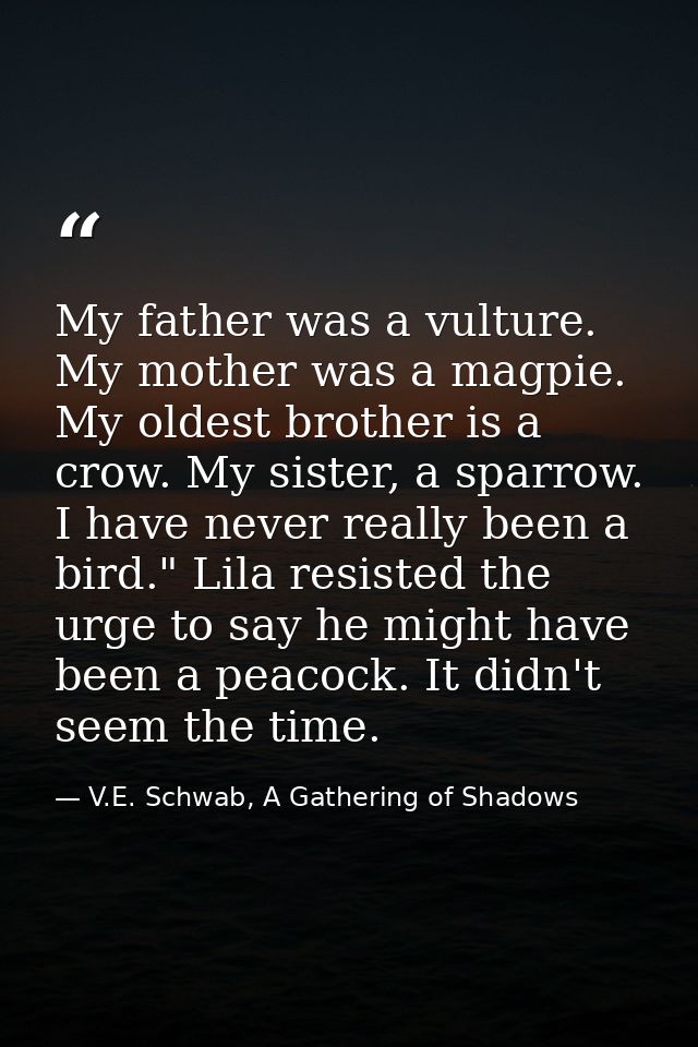 My father was a vulture. My mother was a magpie. My oldest brother is a crow. My sister, a sparrow. I have never really  — V.E. Schwab, A Gathering of Shadows