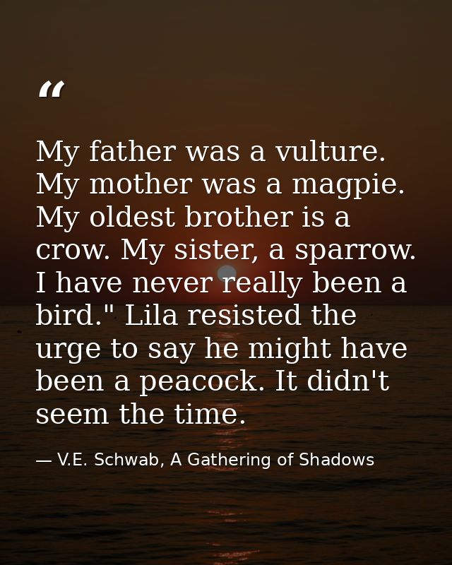 My father was a vulture. My mother was a magpie. My oldest brother is a crow. My sister, a sparrow. I have never really  — V.E. Schwab, A Gathering of Shadows