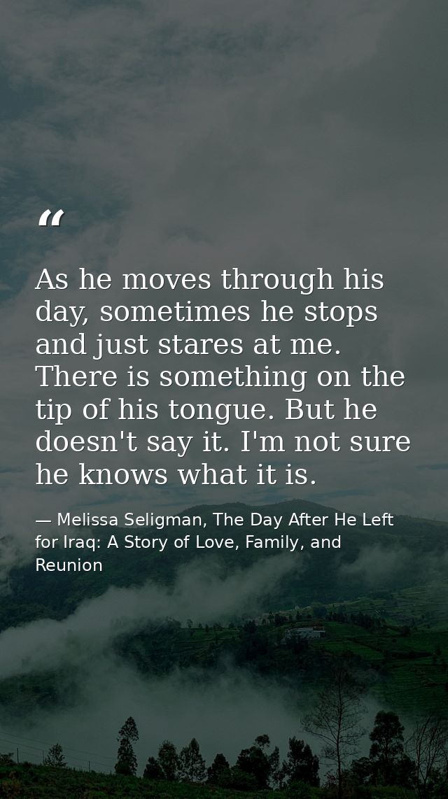 As he moves through his day, sometimes he stops and just stares at me. There is something on the tip of his tongue. But  — Melissa Seligman, The Day After He Left for Iraq: A Story of Love, Family, and Reunion