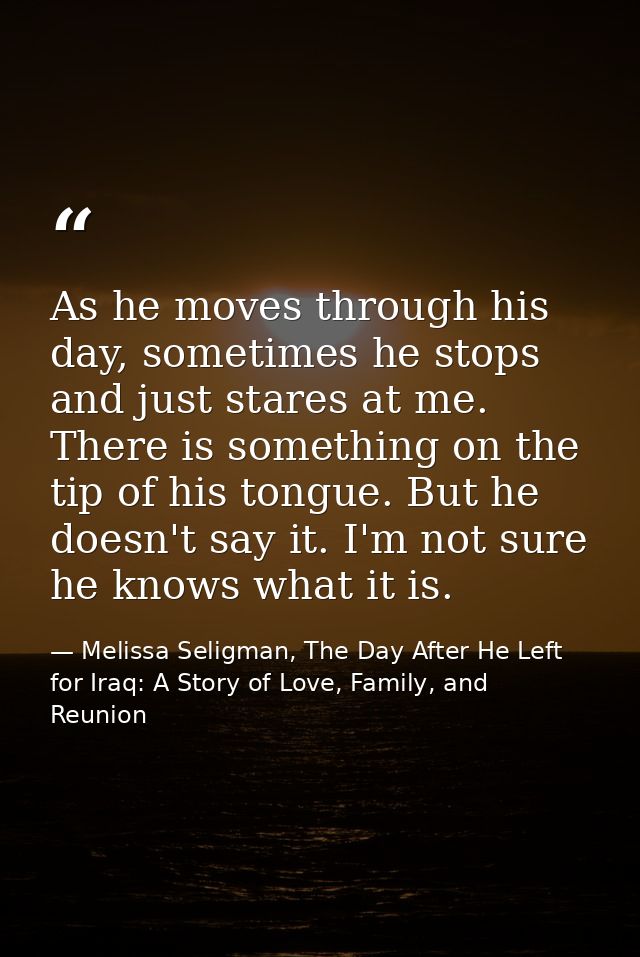 As he moves through his day, sometimes he stops and just stares at me. There is something on the tip of his tongue. But  — Melissa Seligman, The Day After He Left for Iraq: A Story of Love, Family, and Reunion