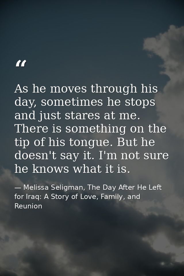 As he moves through his day, sometimes he stops and just stares at me. There is something on the tip of his tongue. But  — Melissa Seligman, The Day After He Left for Iraq: A Story of Love, Family, and Reunion