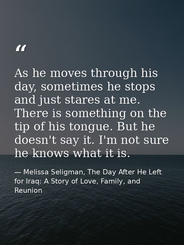 As he moves through his day, sometimes he stops and just stares at me. There is something on the tip of his tongue. But  — Melissa Seligman, The Day After He Left for Iraq: A Story of Love, Family, and Reunion