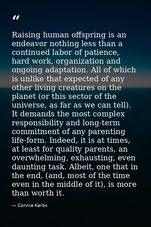 Raising human offspring is an endeavor nothing less than a continued labor of patience, hard work, organization and ongo — Connie Kerbs
