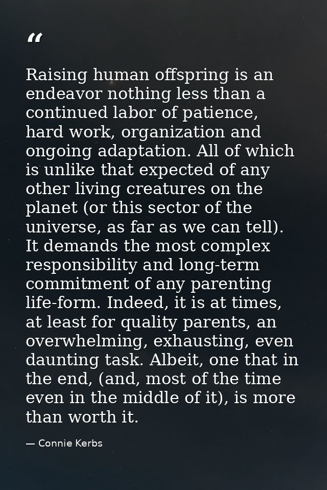 Raising human offspring is an endeavor nothing less than a continued labor of patience, hard work, organization and ongo — Connie Kerbs