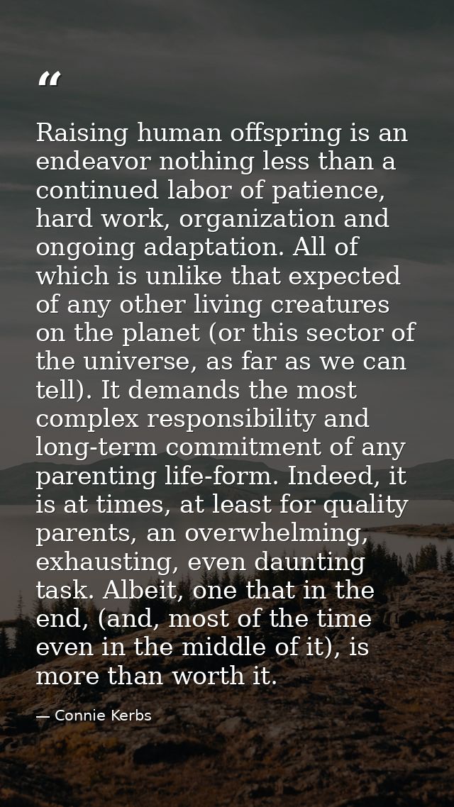 Raising human offspring is an endeavor nothing less than a continued labor of patience, hard work, organization and ongo — Connie Kerbs