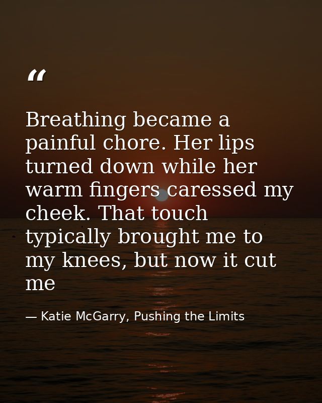 Breathing became a painful chore. Her lips turned down while her warm fingers caressed my cheek. That touch typically br — Katie McGarry, Pushing the Limits