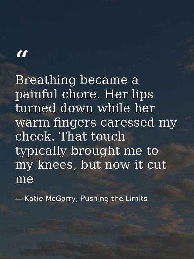 Breathing became a painful chore. Her lips turned down while her warm fingers caressed my cheek. That touch typically br — Katie McGarry, Pushing the Limits