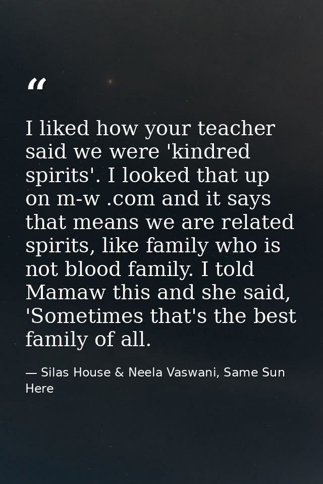 I liked how your teacher said we were 'kindred spirits'. I looked that up on m-w .com and it says that means we are rela — Silas House & Neela Vaswani, Same Sun Here