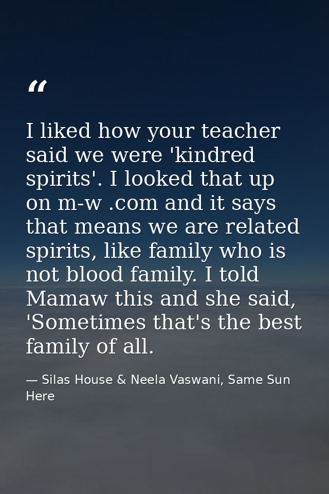 I liked how your teacher said we were 'kindred spirits'. I looked that up on m-w .com and it says that means we are rela — Silas House & Neela Vaswani, Same Sun Here