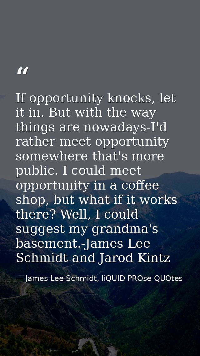 If opportunity knocks, let it in. But with the way things are nowadays-I'd rather meet opportunity somewhere that's more — James Lee Schmidt, liQUID PROse QUOtes