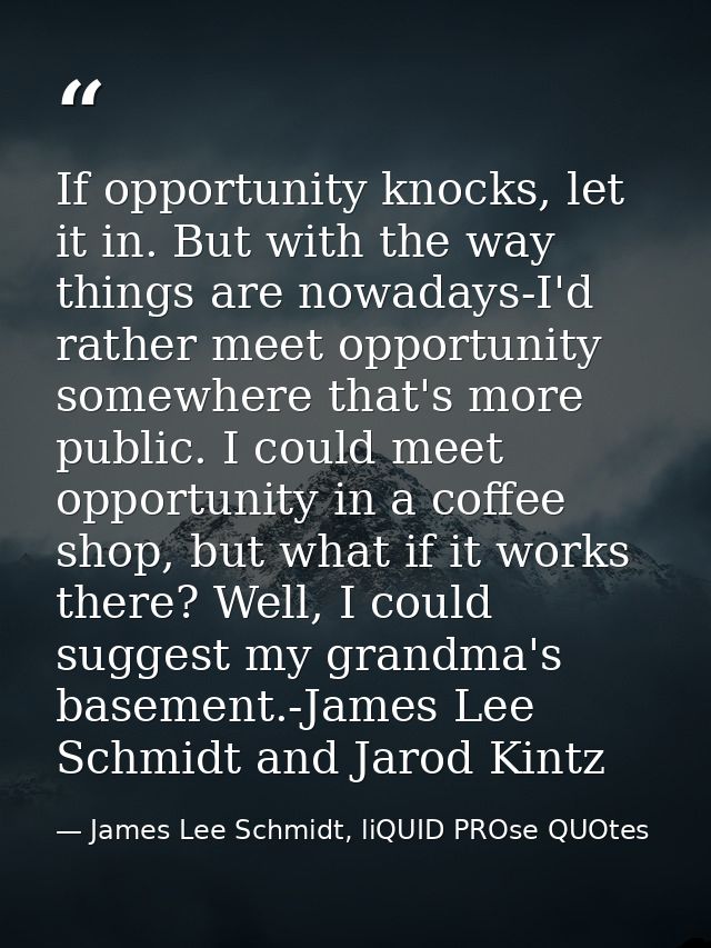 If opportunity knocks, let it in. But with the way things are nowadays-I'd rather meet opportunity somewhere that's more — James Lee Schmidt, liQUID PROse QUOtes
