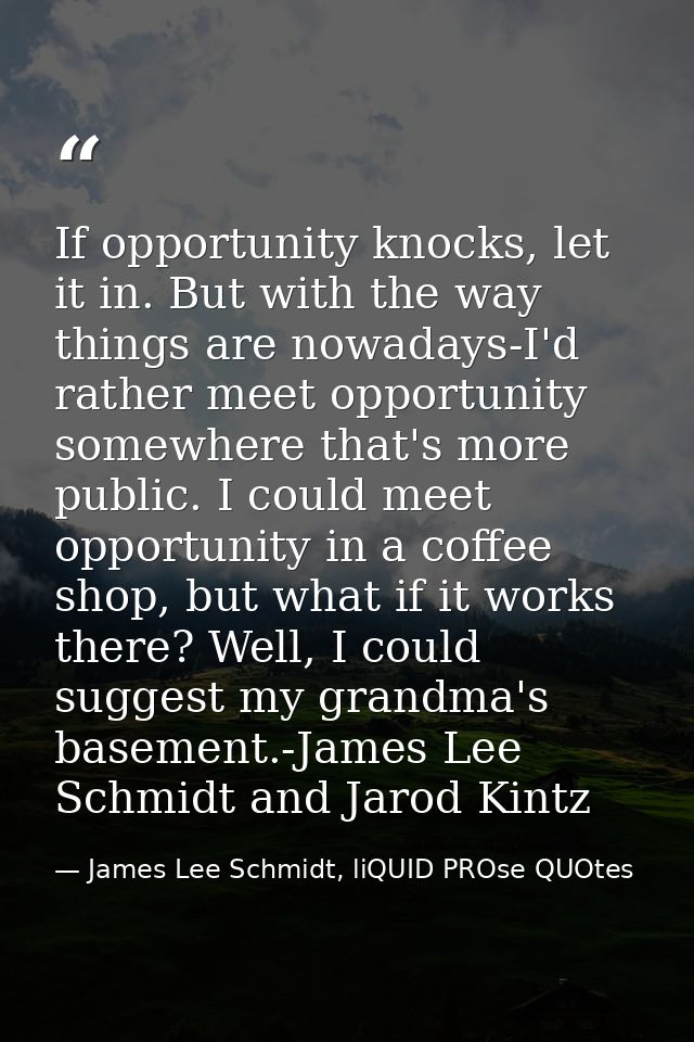 If opportunity knocks, let it in. But with the way things are nowadays-I'd rather meet opportunity somewhere that's more — James Lee Schmidt, liQUID PROse QUOtes