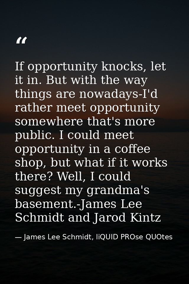 If opportunity knocks, let it in. But with the way things are nowadays-I'd rather meet opportunity somewhere that's more — James Lee Schmidt, liQUID PROse QUOtes
