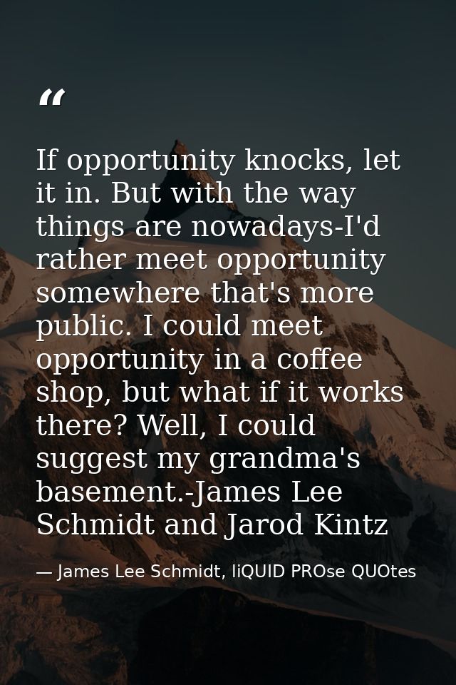 If opportunity knocks, let it in. But with the way things are nowadays-I'd rather meet opportunity somewhere that's more — James Lee Schmidt, liQUID PROse QUOtes