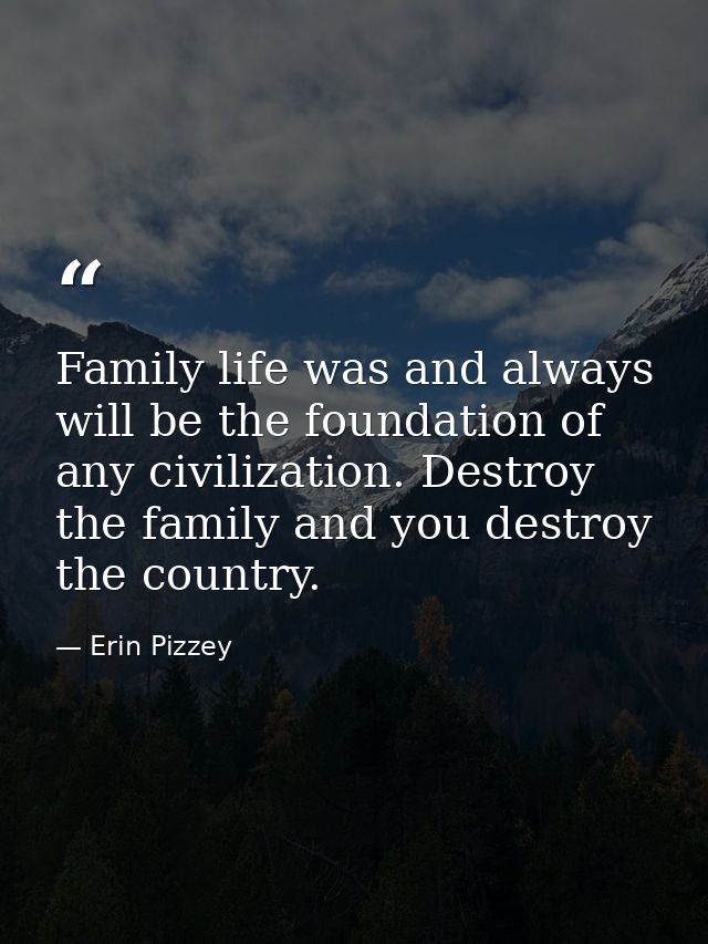 Family life was and always will be the foundation of any civilization. Destroy the family and you destroy the country. — Erin Pizzey