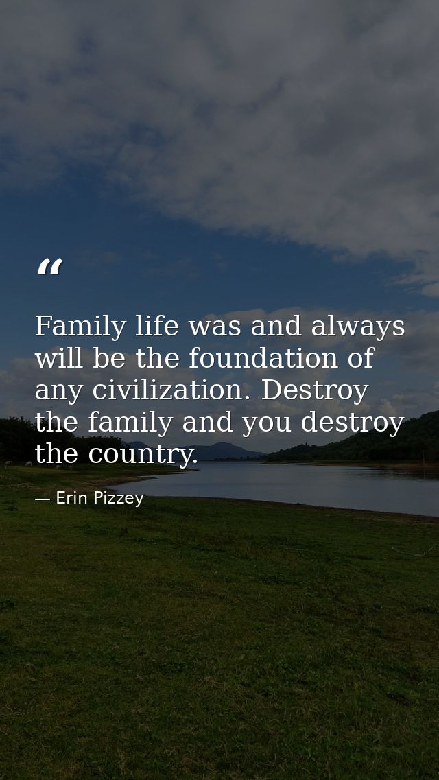 Family life was and always will be the foundation of any civilization. Destroy the family and you destroy the country. — Erin Pizzey