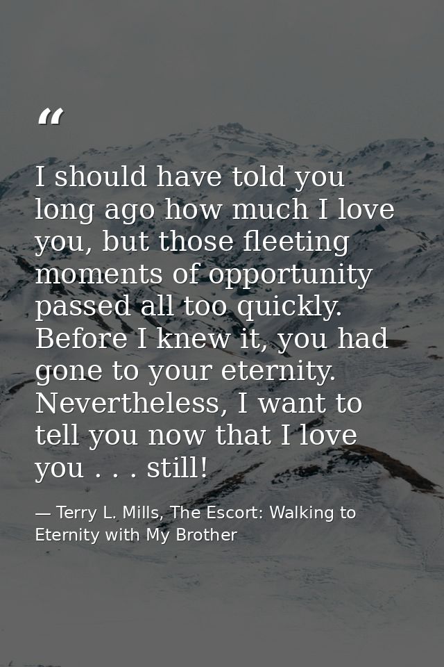 I should have told you long ago how much I love you, but those fleeting moments of opportunity passed all too quickly. B — Terry L. Mills, The Escort: Walking to Eternity with My Brother