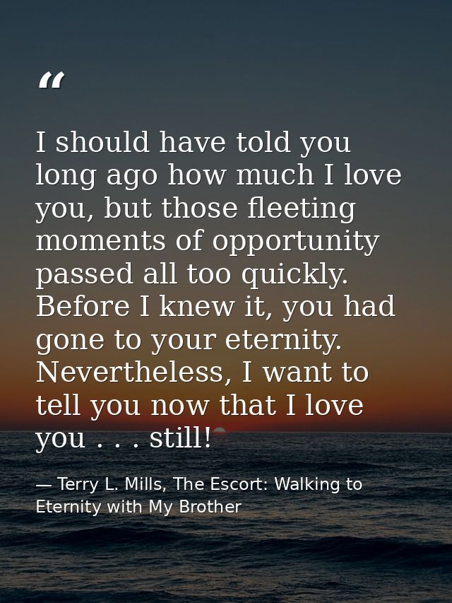 I should have told you long ago how much I love you, but those fleeting moments of opportunity passed all too quickly. B — Terry L. Mills, The Escort: Walking to Eternity with My Brother